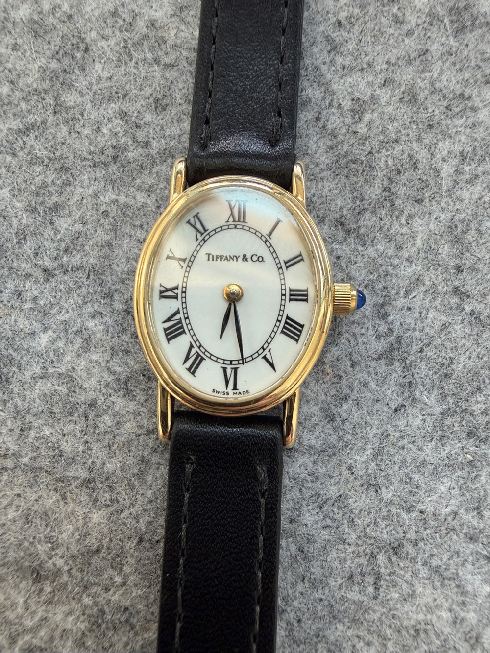Tiffany & Co. Gold-Tone Oval Watch with Black Strap